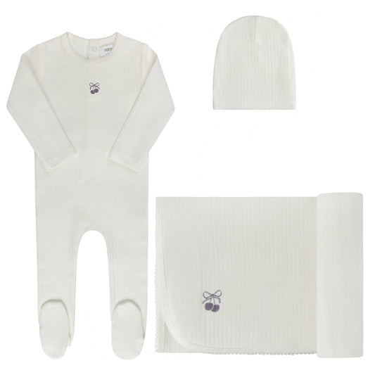 Baby Girl Layette Set – Ivory Lilac – Bow Print