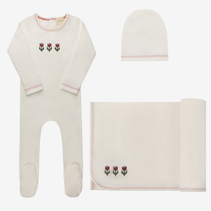 Baby Girl Layette Set – Ivory Pink – Cross Stitch Tulip
