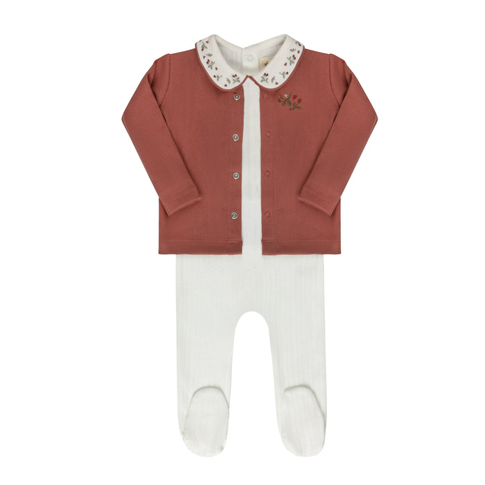 Baby Girl Layette Set – Ivory Pink – Embroidered Collar