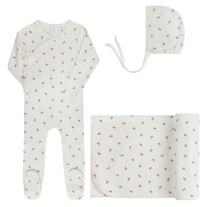 Baby Girl Layette Set – Ivory Red – Bow Pattern
