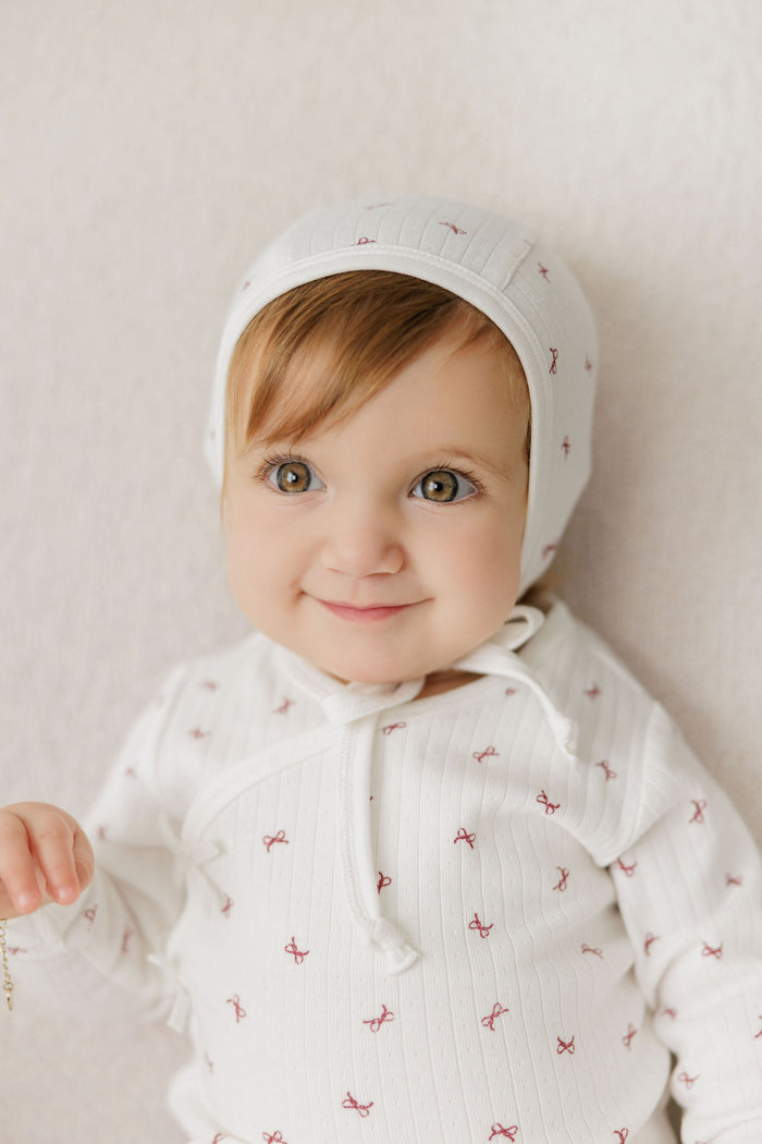 Baby Girl Layette Set – Ivory Red – Bow Pattern