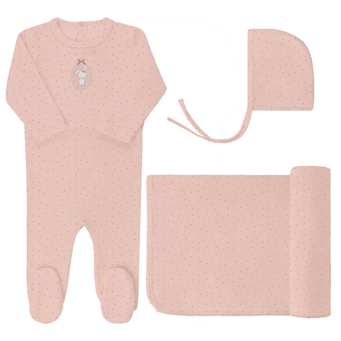 Baby Girl Layette Set – Pink – Bunny Pin Dot