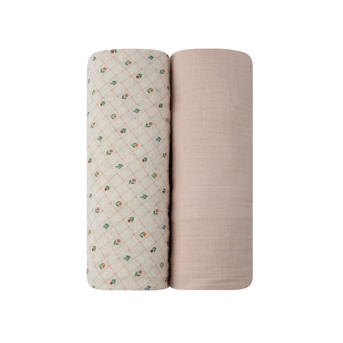 Baby Girl Muslin Swaddle Blanket 2-Pack - Ivory - Floral Grid