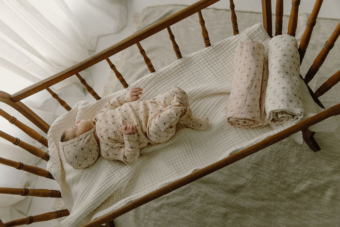 Baby Girl Muslin Swaddle Blanket 2-Pack - Ivory - Floral Grid