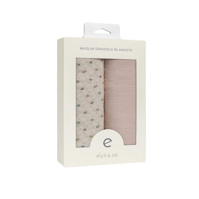 Baby Girl Muslin Swaddle Blanket 2-Pack - Pink - Floral Grid