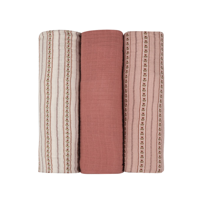 Baby Girl Muslin Swaddle Blanket 3-Pack - Ivory Pink - Linear Tulip