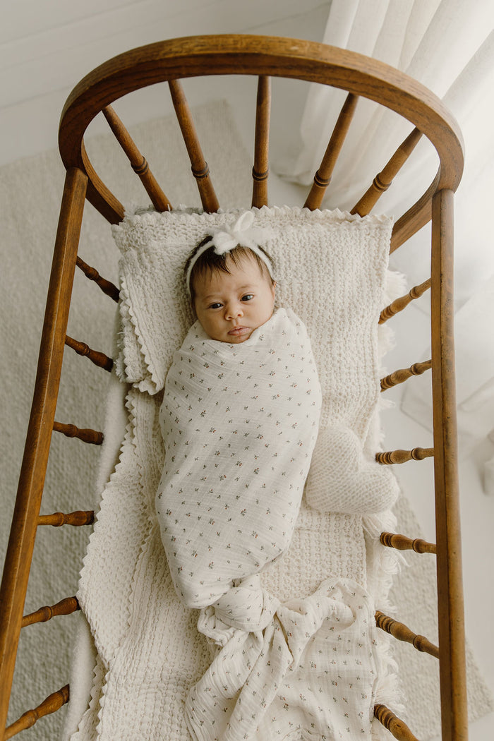 Baby Girl Muslin Swaddle Blanket – Ivory Pink – Embroidered