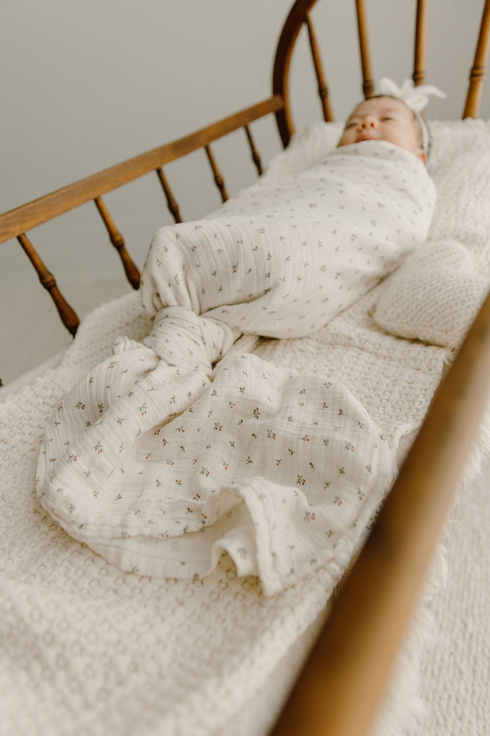 Baby Girl Muslin Swaddle Blanket – Ivory Pink – Embroidered