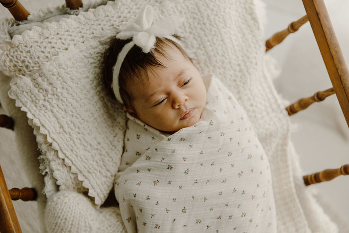 Baby Girl Muslin Swaddle Blanket – Ivory Pink – Embroidered