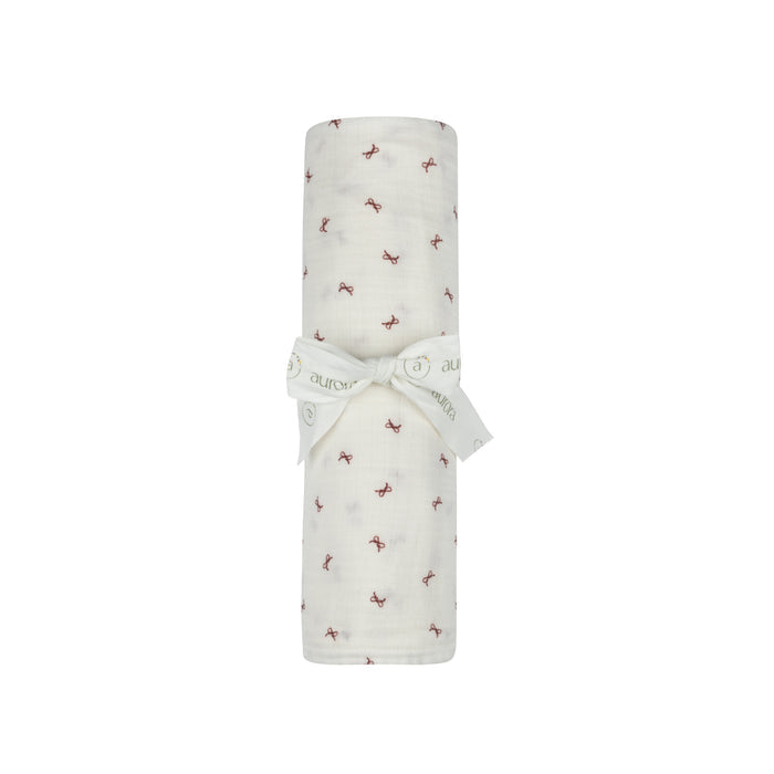 Baby Girl Muslin Swaddle Blanket – Ivory Red – Bow Pattern