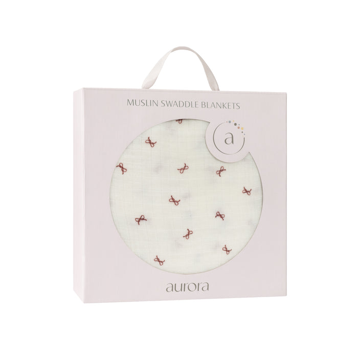 Baby Girl Muslin Swaddle Blanket – Ivory Red – Bow Pattern