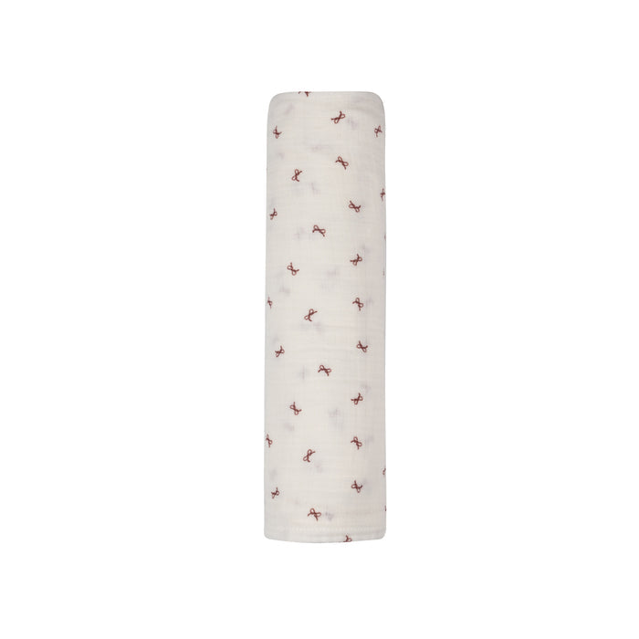Baby Girl Muslin Swaddle Blanket – Ivory Red – Bow Pattern