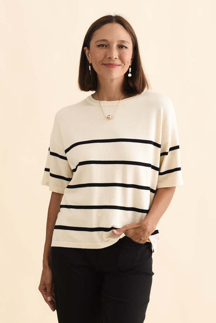 Bailey Cream Stripe Boxy Sweat,Brunette model,alt text|model:Cara