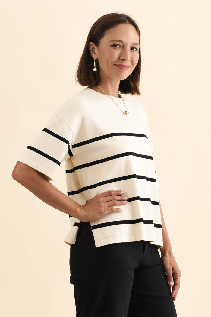 Bailey Cream Stripe Boxy Sweat,Brunette model,alt text|model:Cara