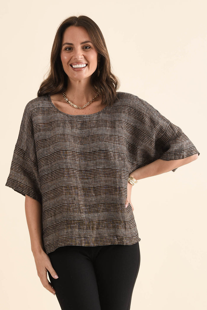 Barbara Charcoal Stripe Linen Top,Front,Brunette model,alt text|model:MJ