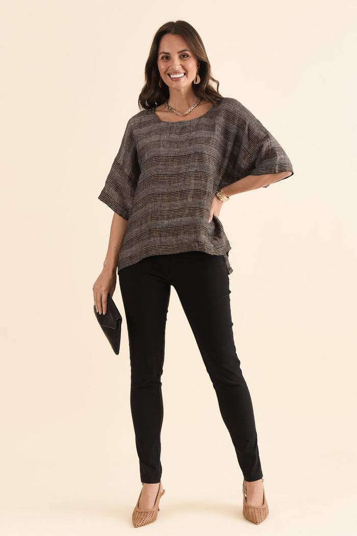 Barbara Charcoal Stripe Linen Top,Full Body,Brunette model,alt text|model:MJ