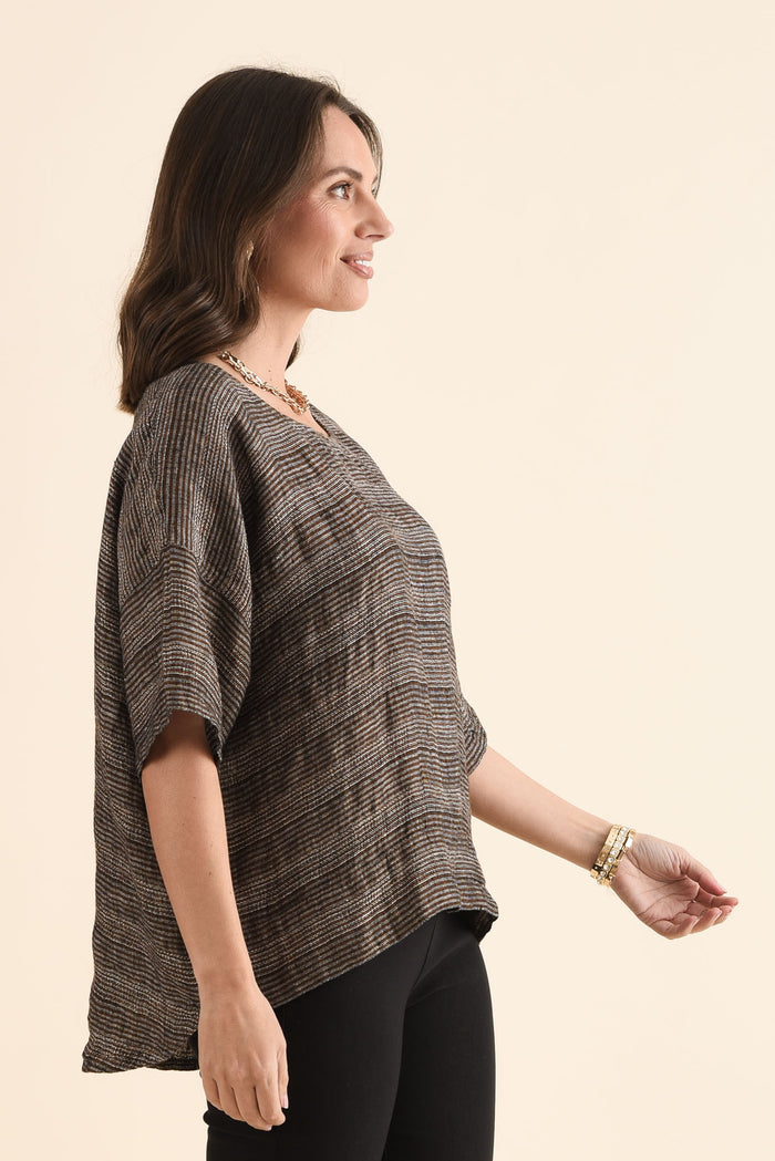 Barbara Charcoal Stripe Linen Top,Side,Brunette model,alt text|model:MJ