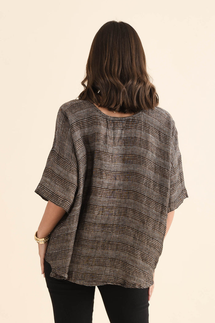 Barbara Charcoal Stripe Linen Top,Back,Brunette model,alt text|model:MJ