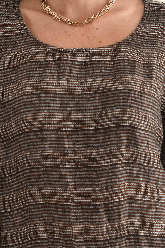 Barbara Charcoal Stripe Linen Top,Detail,Brunette model,alt text|model:MJ