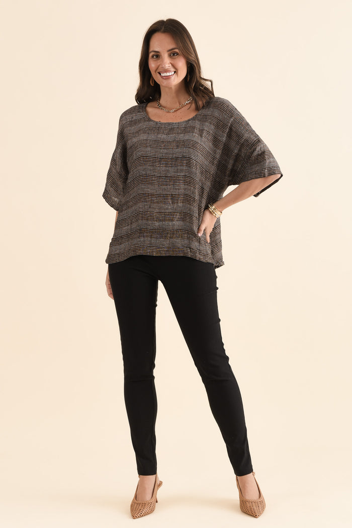 Barbara Charcoal Stripe Linen Top,Full Body,Brunette model,alt text|model:MJ