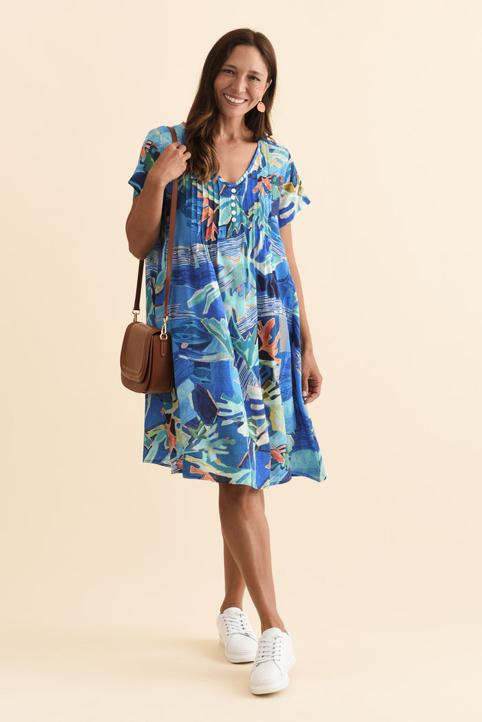 Barry Blue Coastal Cotton Button Dress,Brunette model,alt text|model:Cara