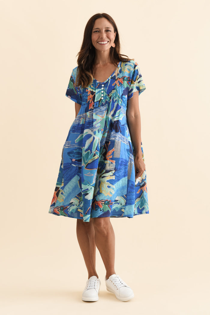 Barry Blue Coastal Cotton Button Dress,Brunette model,alt text|model:Cara