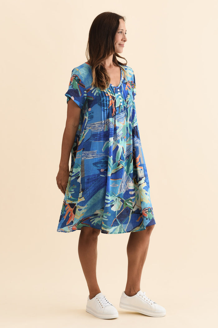 Barry Blue Coastal Cotton Button Dress,Brunette model,alt text|model:Cara