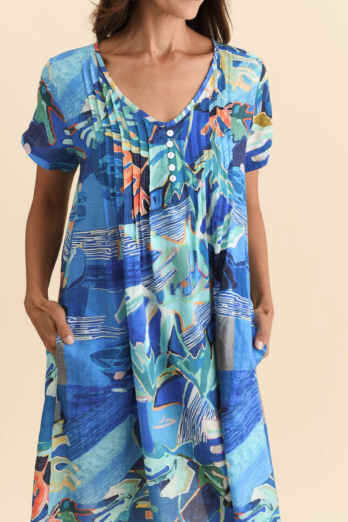 Barry Blue Coastal Cotton Button Dress,Brunette model,alt text|model:Cara