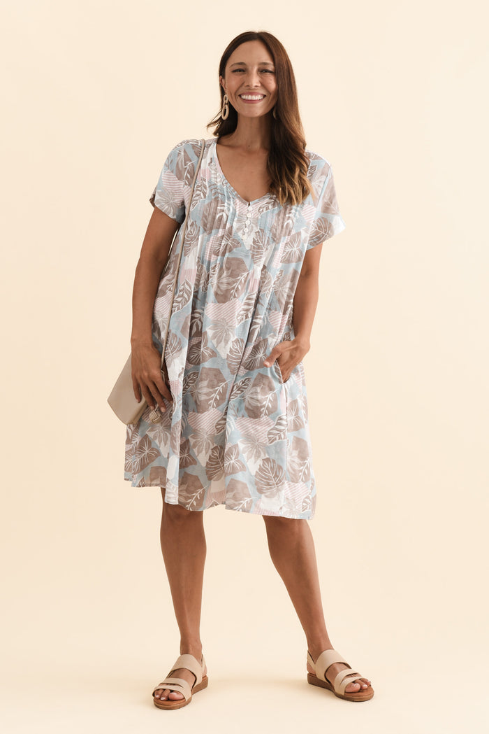 Barry Blue Leaf Cotton Button Dress,Brunette model,alt text|model:Cara