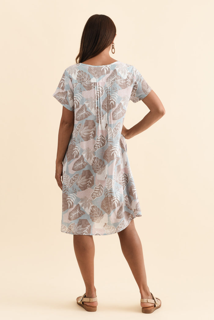 Barry Blue Leaf Cotton Button Dress,Brunette model,alt text|model:Cara