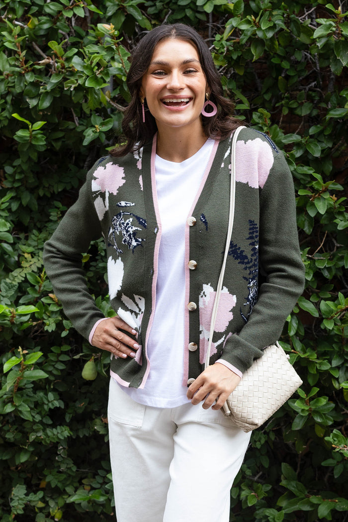 Bea Khaki Floral Knit Cardigan,Lifestyle