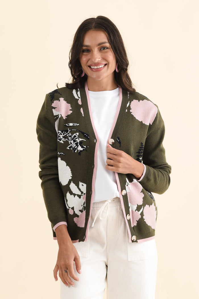 Bea Khaki Floral Knit Cardigan,Brunette model,alt text|model:Brontie