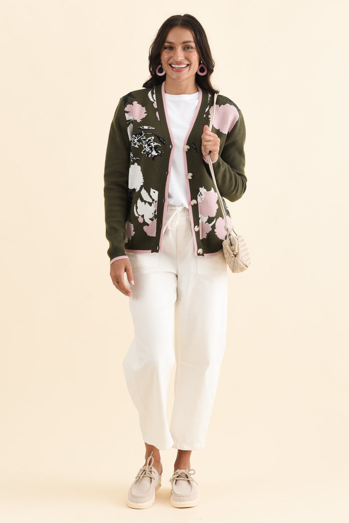 Bea Khaki Floral Knit Cardigan,Brunette model,alt text|model:Brontie
