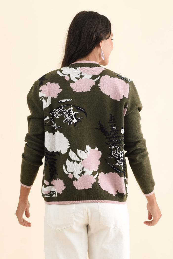 Bea Khaki Floral Knit Cardigan,Brunette model,alt text|model:Brontie
