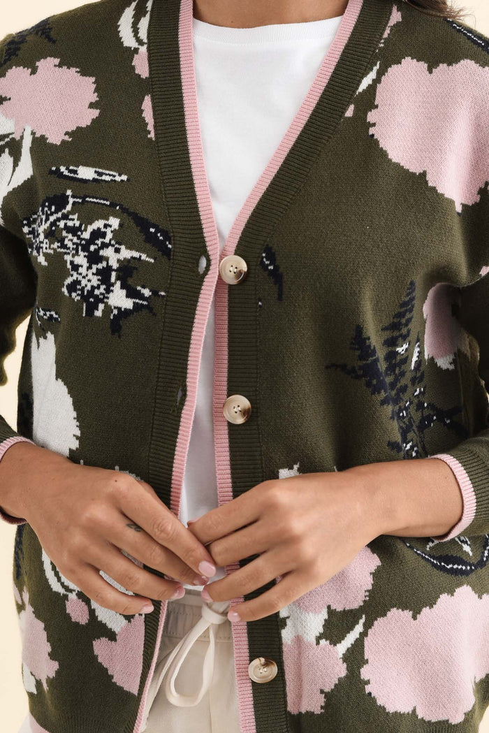 Bea Khaki Floral Knit Cardigan,Brunette model,alt text|model:Brontie