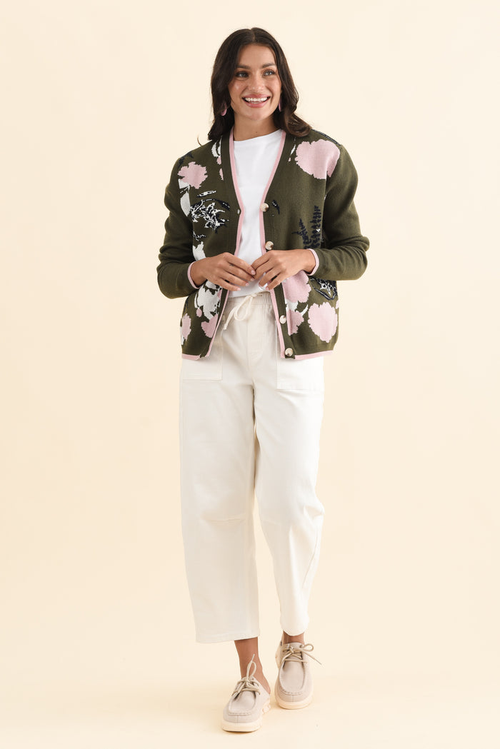 Bea Khaki Floral Knit Cardigan,Brunette model,alt text|model:Brontie