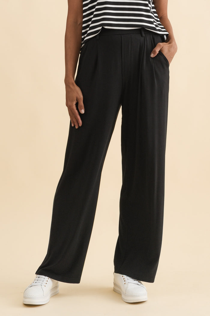 Billie Black Bamboo Wide Leg Pants,Brunette model,alt text|model:Cara