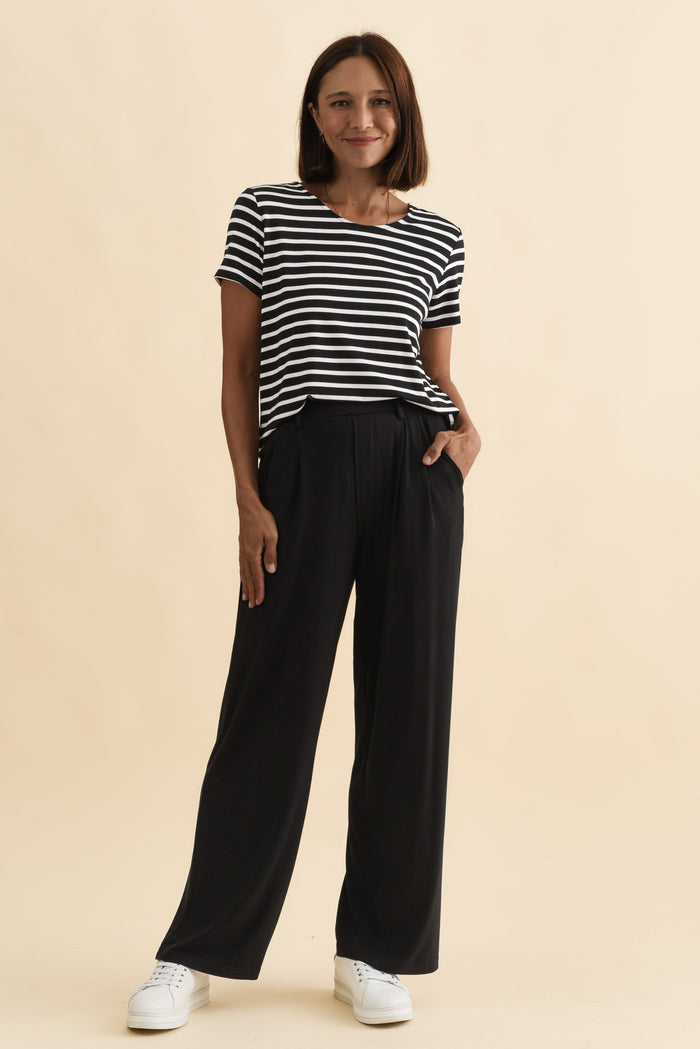 Billie Black Bamboo Wide Leg Pants,Brunette model,alt text|model:Cara