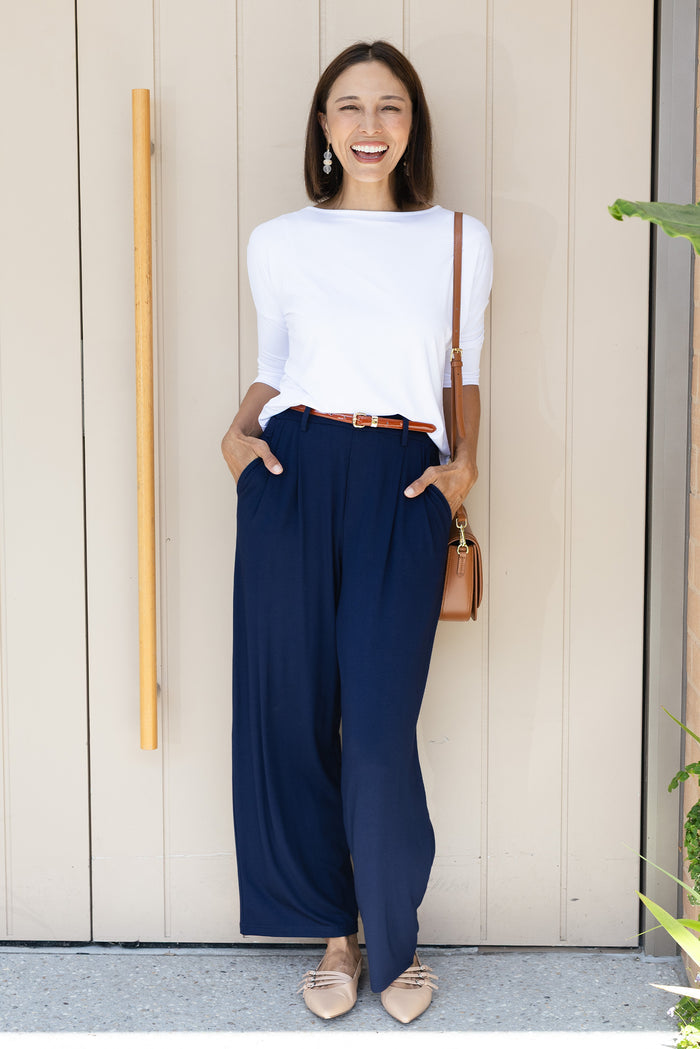Billie Navy Bamboo Wide Leg Pants,Lifestyle