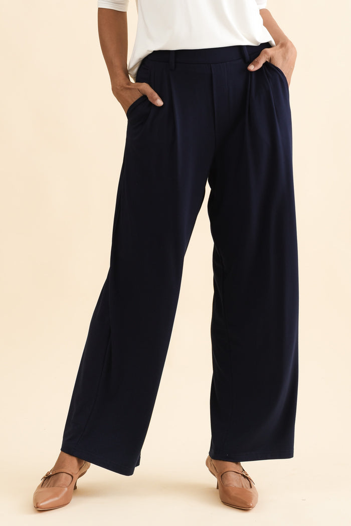 Billie Navy Bamboo Wide Leg Pants,Brunette model,alt text|model:Cara