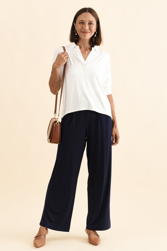 Billie Navy Bamboo Wide Leg Pants,Brunette model,alt text|model:Cara