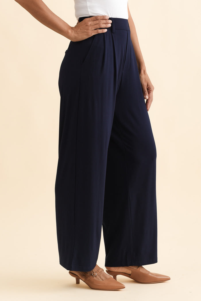Billie Navy Bamboo Wide Leg Pants,Brunette model,alt text|model:Cara