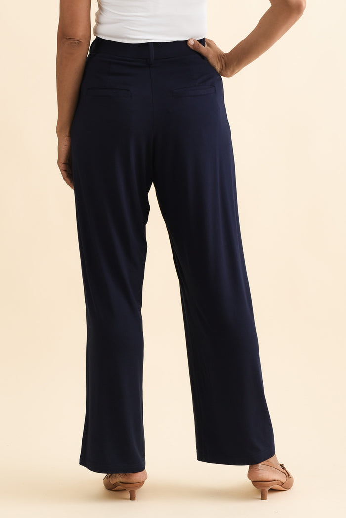 Billie Navy Bamboo Wide Leg Pants,Brunette model,alt text|model:Cara