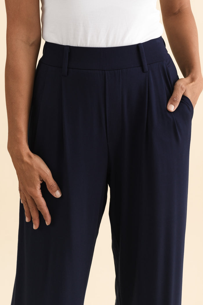 Billie Navy Bamboo Wide Leg Pants,Brunette model,alt text|model:Cara