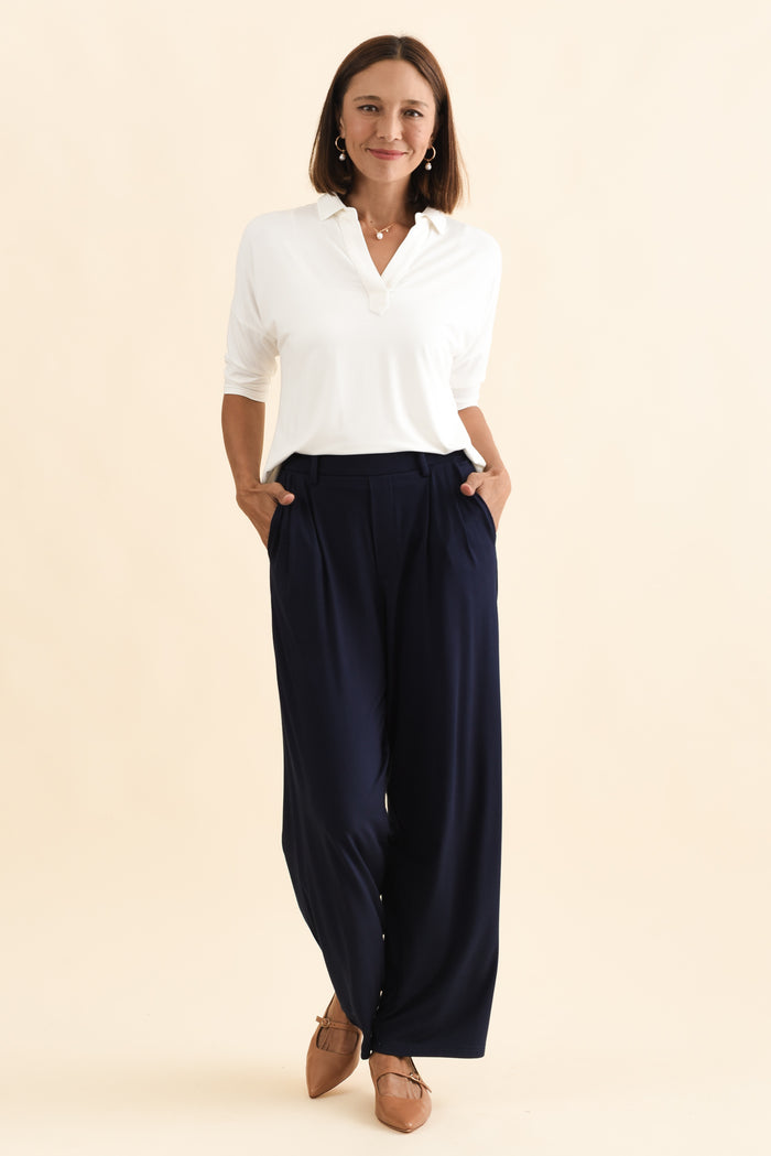 Billie Navy Bamboo Wide Leg Pants,Brunette model,alt text|model:Cara