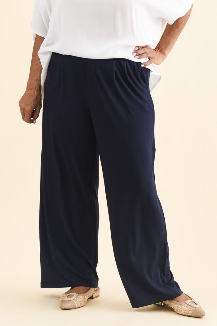 Billie Navy Bamboo Wide Leg Pants,Brunette model,alt text|model:Pilita