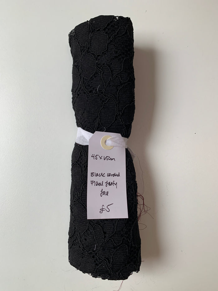 Black Corded Floral Leafy Lace Remnant