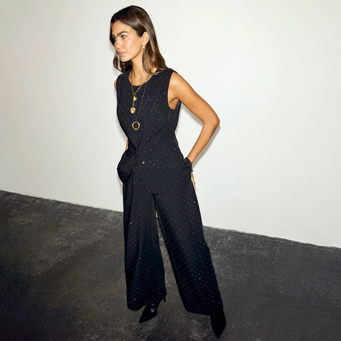 Black Hotfix Marnie Trousers and matching waistcoat co-ord with gold diamanté details and a wide-leg silhouette.