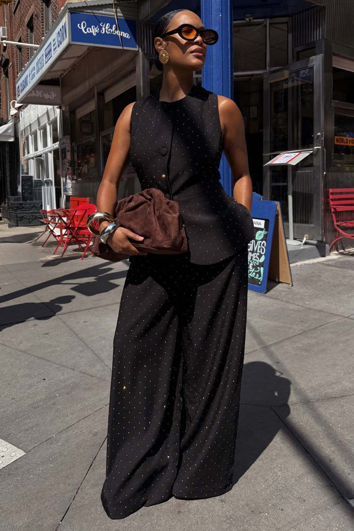 Black Hotfix Marnie Trousers with diamond embellishments, styled as a wide-leg co-ord with a matching waistcoat.