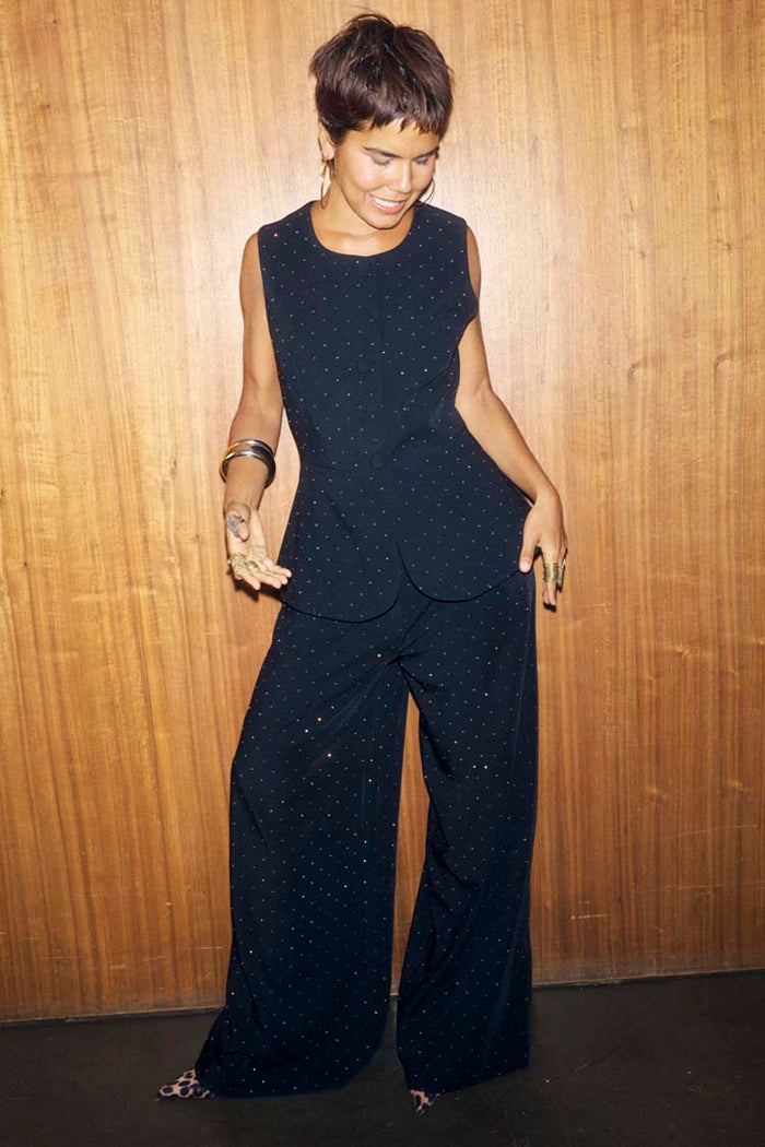 Black Hotfix Marnie Trousers and matching waistcoat with silver sparkle embellishments.